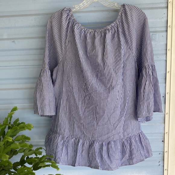 Wmns ICE International Concepts Top Shirt Blouse Blue Striped Embroidered Sz M - Picture 6 of 7